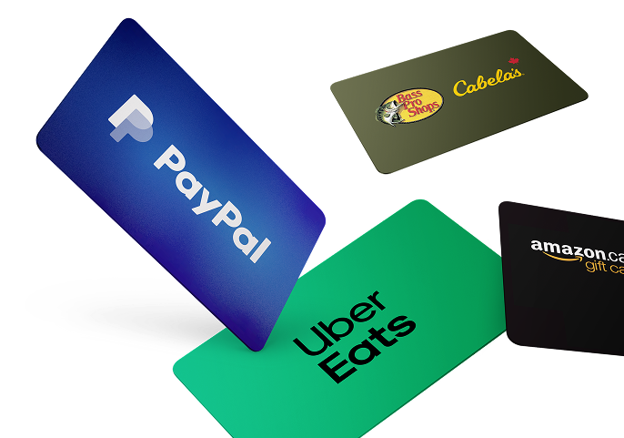 Gift cards from PayPal, Cabela's, Uber Eats, and Amazon.ca available through the Angus Reid Forum rewards program